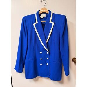 SUITSME Womens Blazer Size 16 Royal Blue Cream Contrast Trim Double Breasted